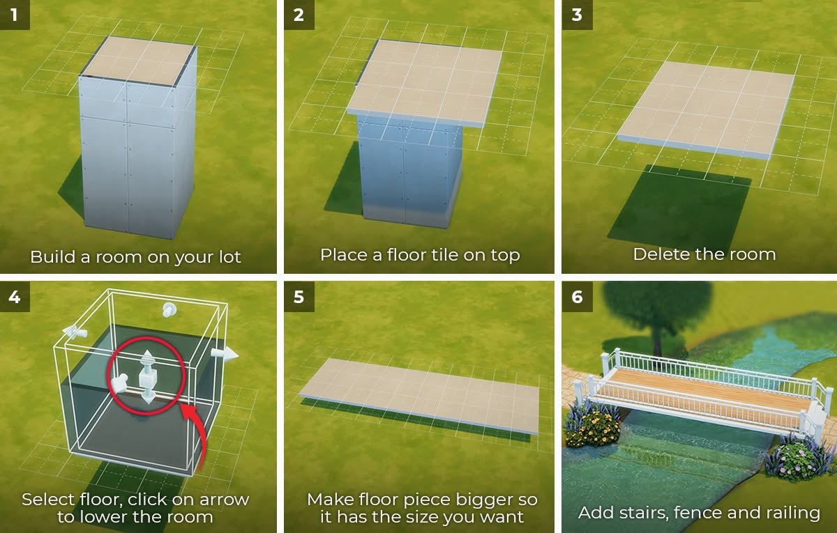 Schwebende Brücke über gestalteter Landschaft in Die Sims 4