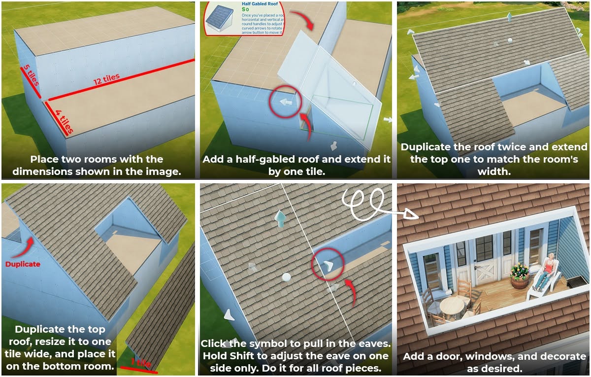 Dachbalkon in Die Sims 4, der in ein geneigtes Dach integriert ist