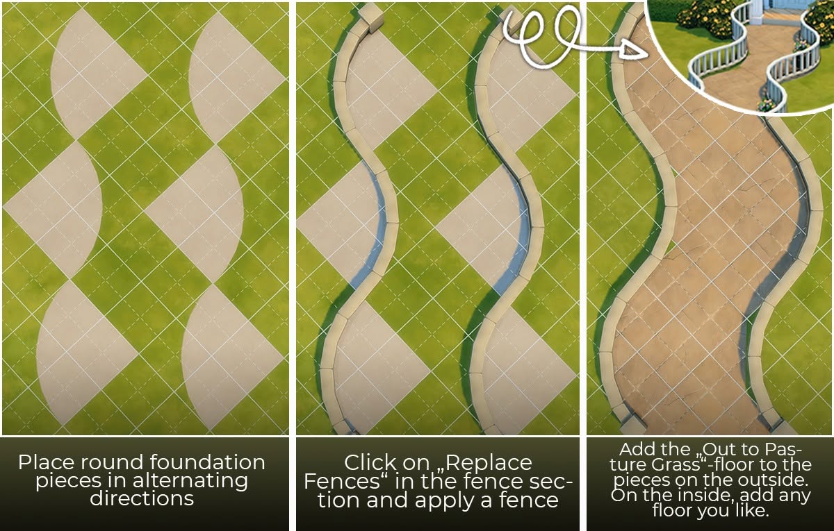 Geschwungener Gartenweg aus runden Fundamentteilen in Die Sims 4