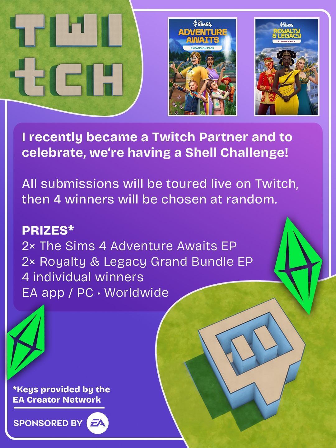 Grafik zur Shell Challenge mit den Gewinnen Adventure Awaits und Royalty & Legacy, Twitch-Tour und vier zufällig ausgewählten Gewinnern.